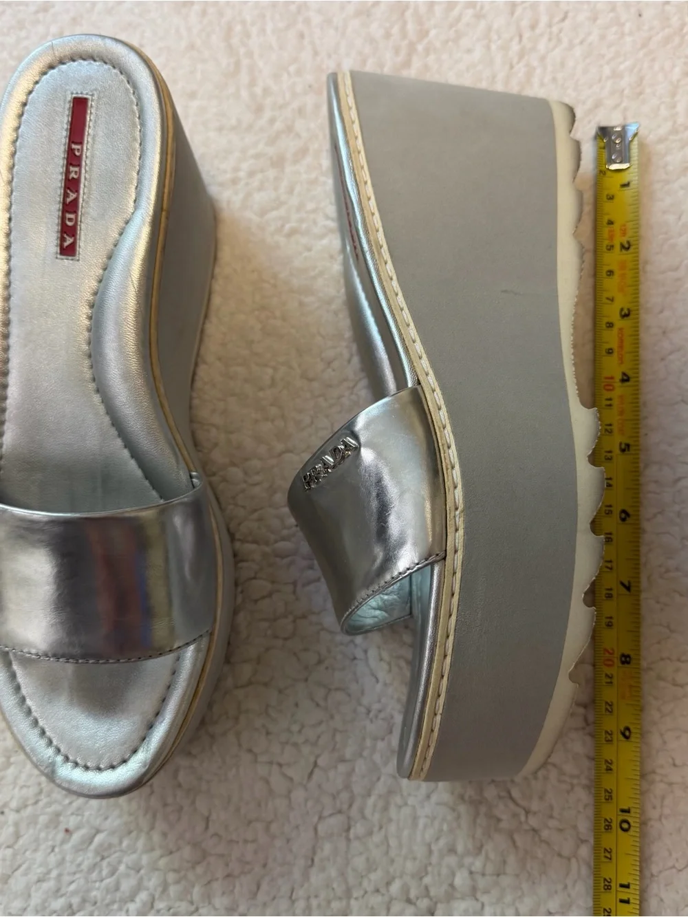 Authentic Vintage PRADA Silver  Leather Wedge Sandals Platform Slide 37.5